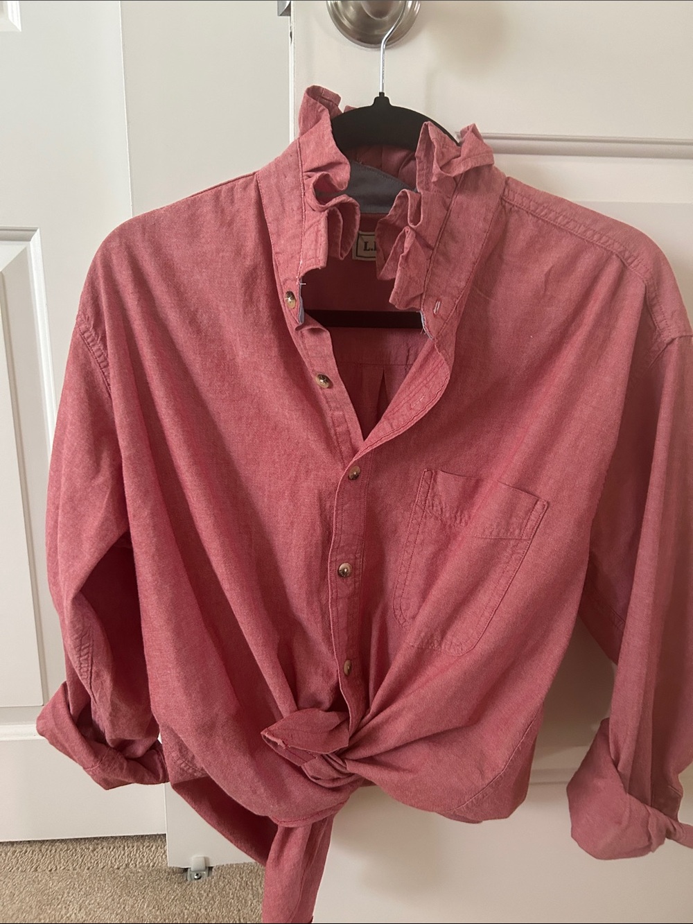 Washed Button-Up Shirt in Dusty Rose recreated for a woman with a ruffled collar